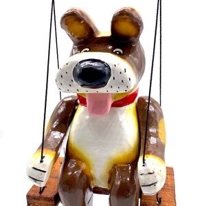 Monkey Business Hand Carved Wood Spring Dog on a Swing
